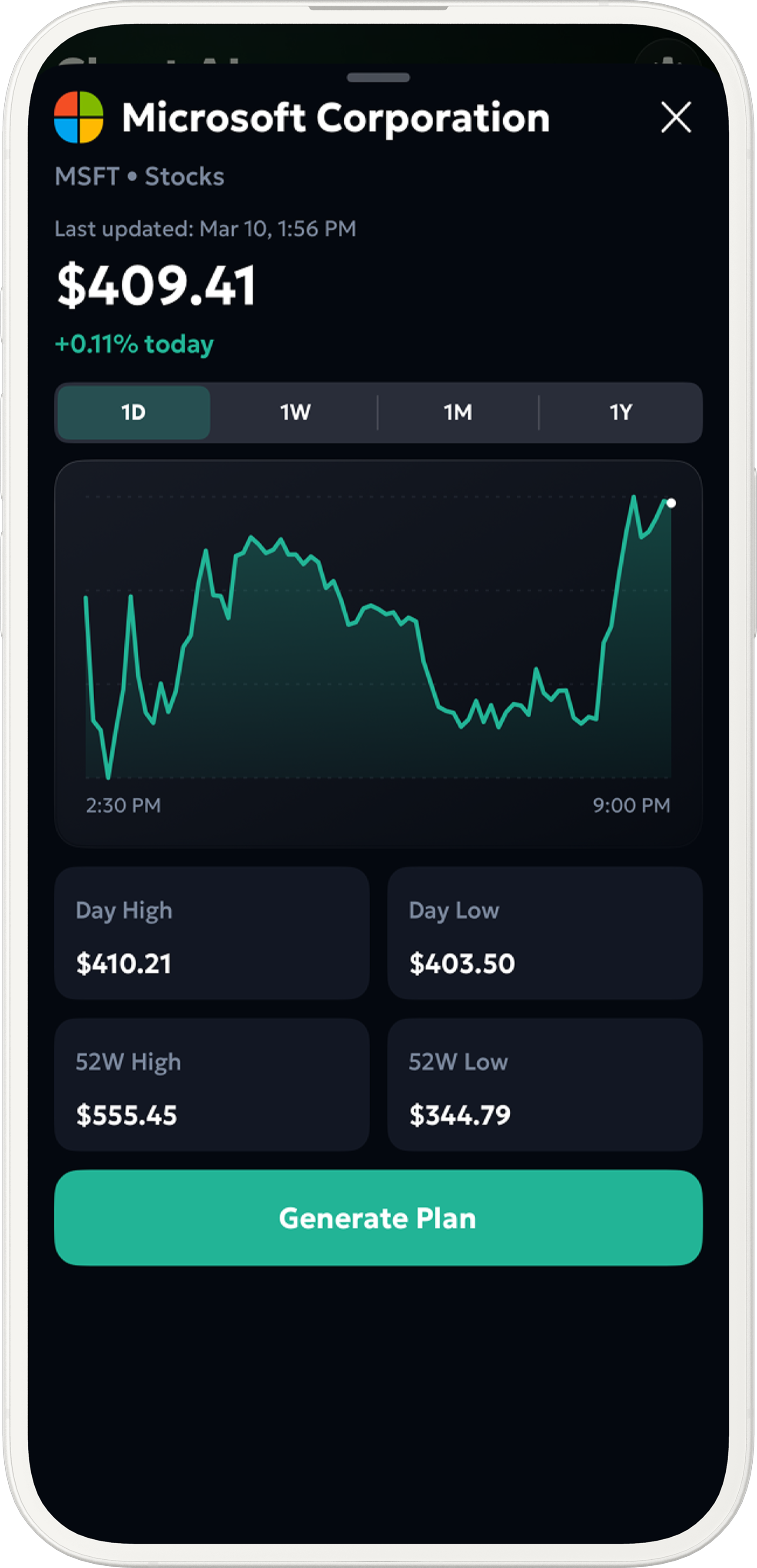 Market details screen with chart and generate plan action